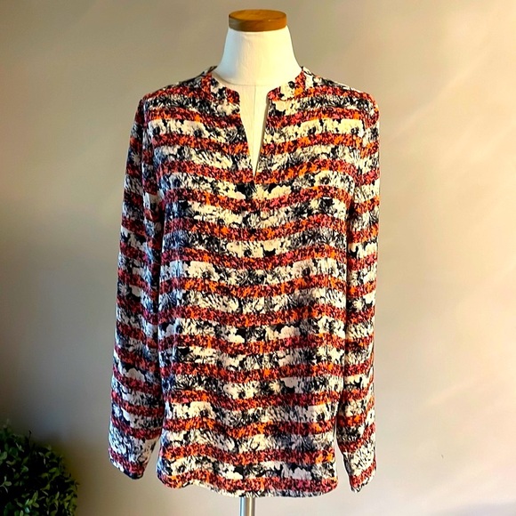 MADEWELL Broadway Broome floral striped 100% SILK 1/2 way button front blouse L - Picture 2 of 11